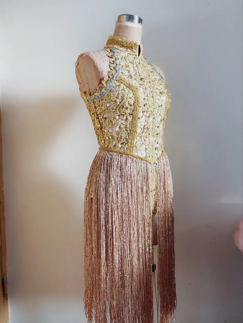 Bodysuit Women's Birthday Celebrate Outfit Bar Show Singer Dance Clothes Gold Embroidery Pearls Rhinestones Sleeveless Tassel