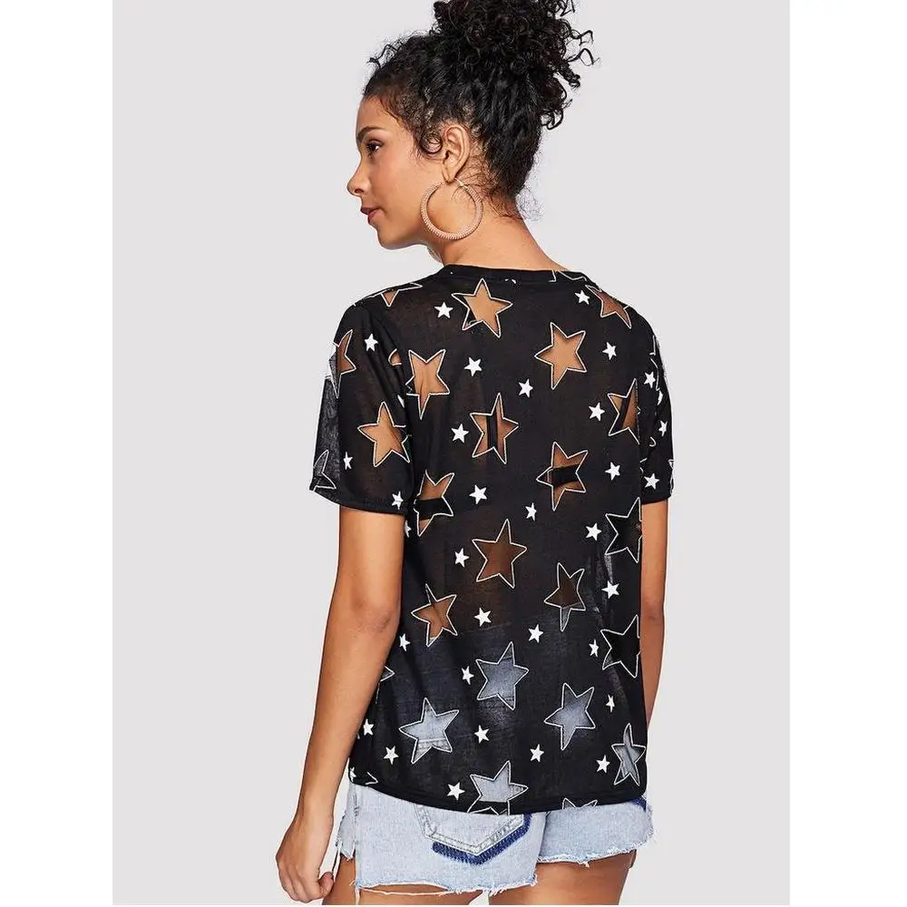 SanHuaZ 2019 Summer Women's T-shirts Tops Casual Beach O-neck Short Sleeve Star Gauze Slim Women | Женская одежда