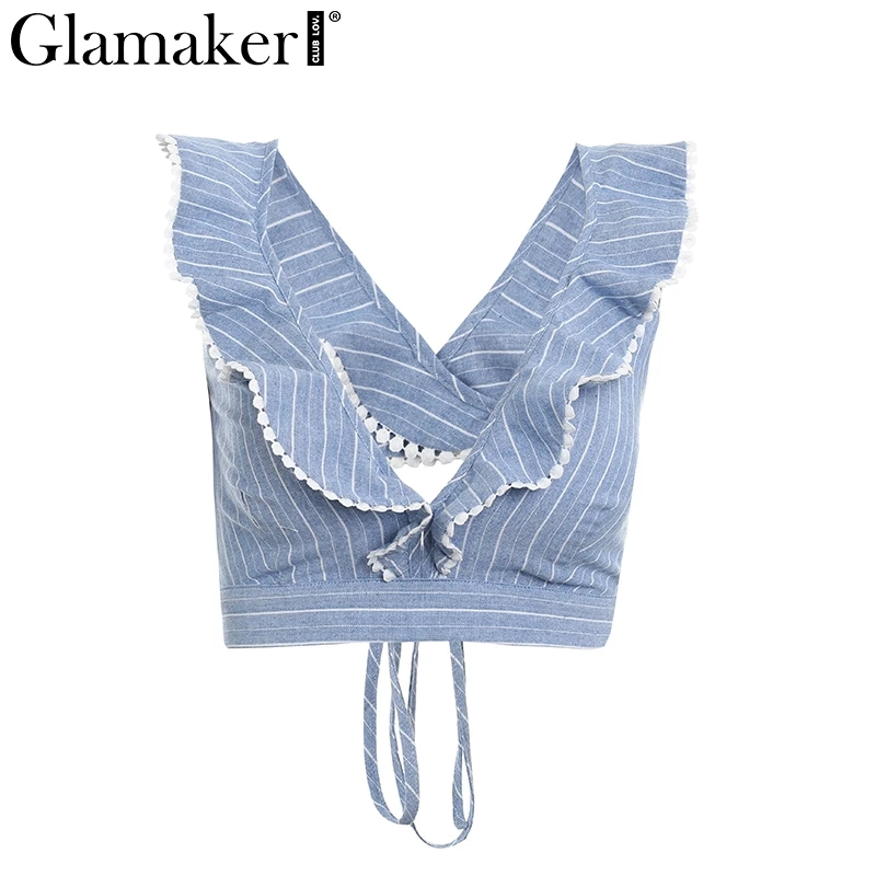 Blue white stripe Glamaker, элегантный топ на бретелях в полоску с рюшами, сексуальный топ с v-образным вырезом на спине, летний укороченный топ на бретельках, Женский Повседневный Топ на шнуровке, блузка на бретельках - Цвет: Blue white stripe