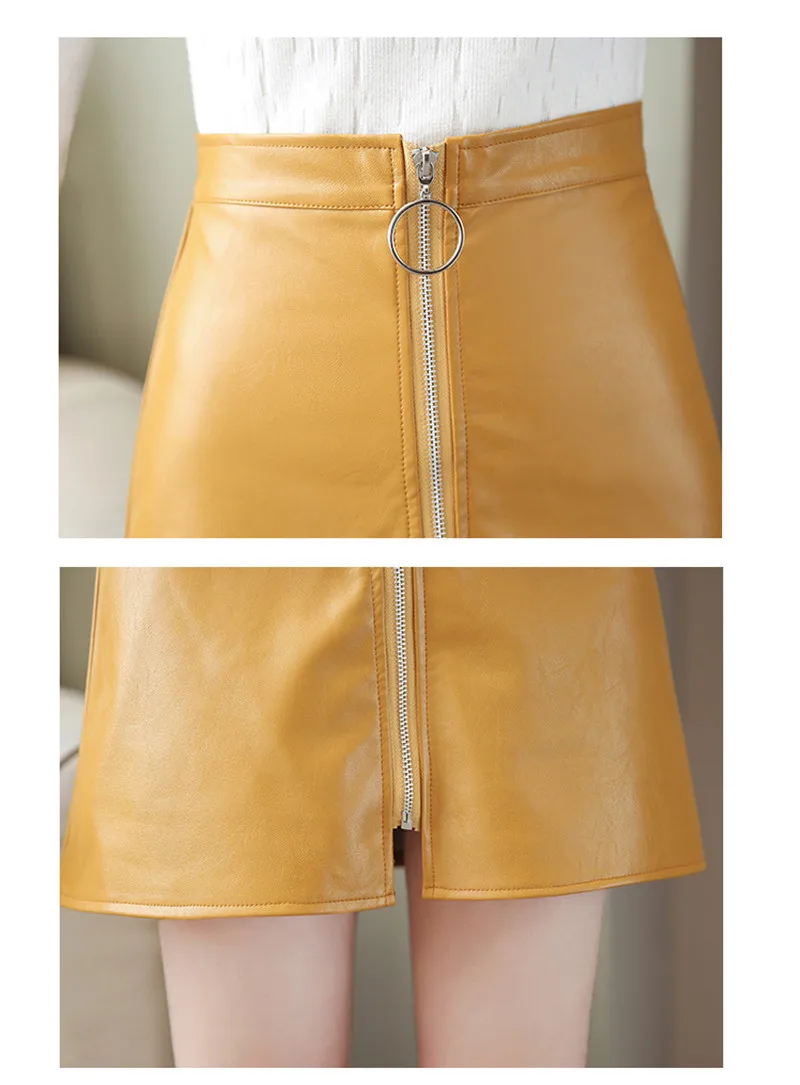 Spring Summer Casual PU Leather Skirt Women Elegant Zipper Mini A-Line Skirt Lady Skinny High Waist Skirts