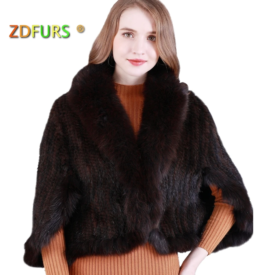 ZDFURS* Новая натуральная вязаная норковая шаль пончо с лисой Обрезка настоящая норковая Меховая куртка модная женская ZDKM-166001