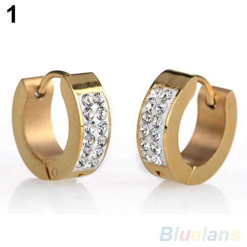 Unisex Punk Rhinestones Inlaid Titanium Steel Ear Studs Hoop Huggie Earrings 4PT5 | Украшения и аксессуары