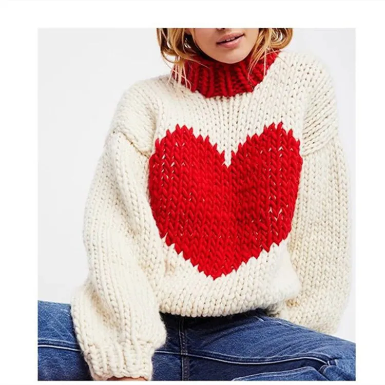 2019 autumn and winter new fashion pure hand-woven peach heart color thick needle lantern sleeve sweater | Женская одежда