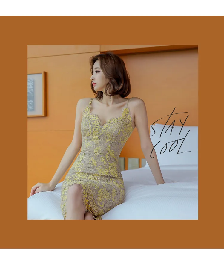 Sexy Embroidered Floral Lace Dresses Women Spaghetti Strap V-neck Bodycon Dresses Office Lady Lace Midi Dress M19071122
