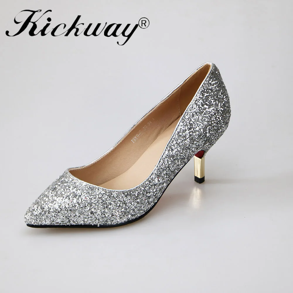 Silver Kickway/коллекция года; пикантные женские черные туфли на высоком каблуке с острым носком; цвет золотистый, Серебристый; вечерние и свадебные туфли; блестящие женские туфли на шпильке - Цвет: Silver