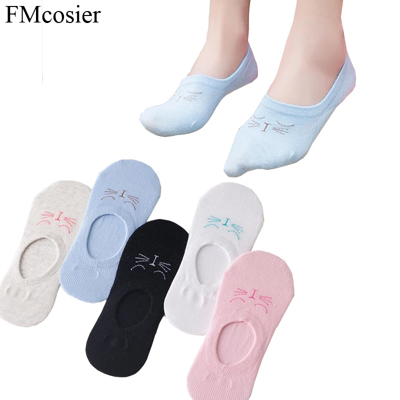 

10 Pairs Summer Women's Cotton Cartoon Fun Cat Short No Show Low Cut Socks Slippers Footwear Invisible Female Women silicone