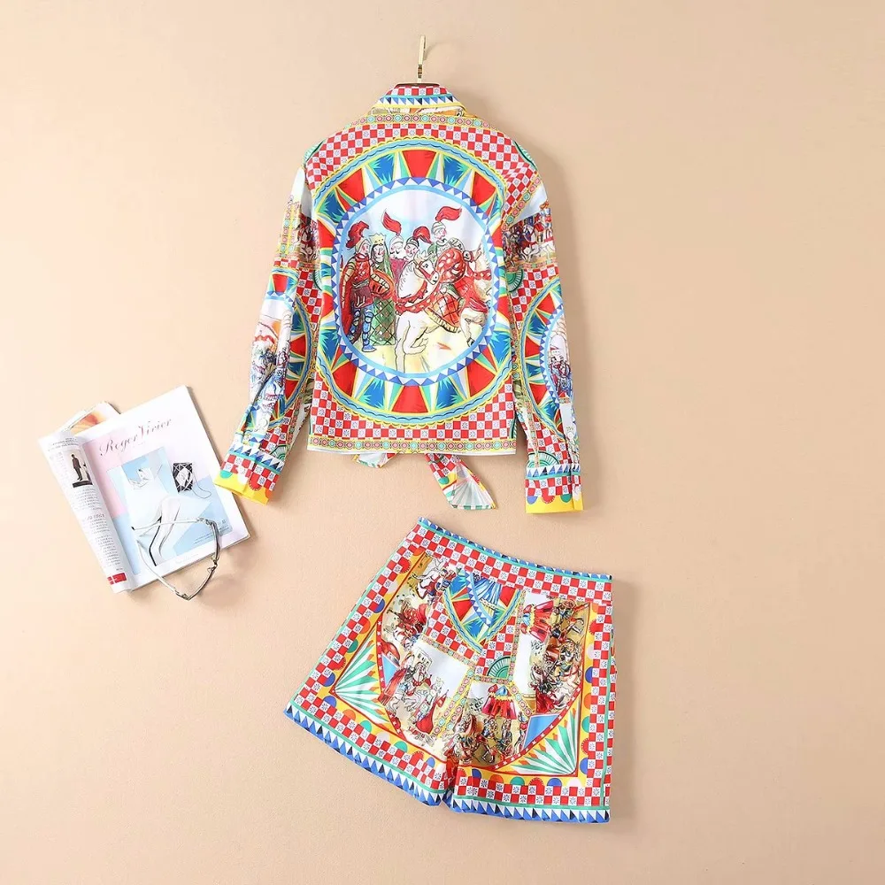 Holiday Vintage Women Two Pieces Set Long Sleeve Single Breasted Printed Tops and Short Pants Elegant Female Suits Vestidos K373 |