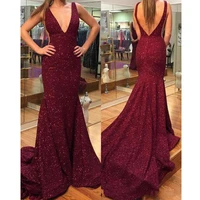 2021 sexy burgundy mermaid prom dresses sequined deep v neck backless sweep train formal evening party gowns custom cheap dress