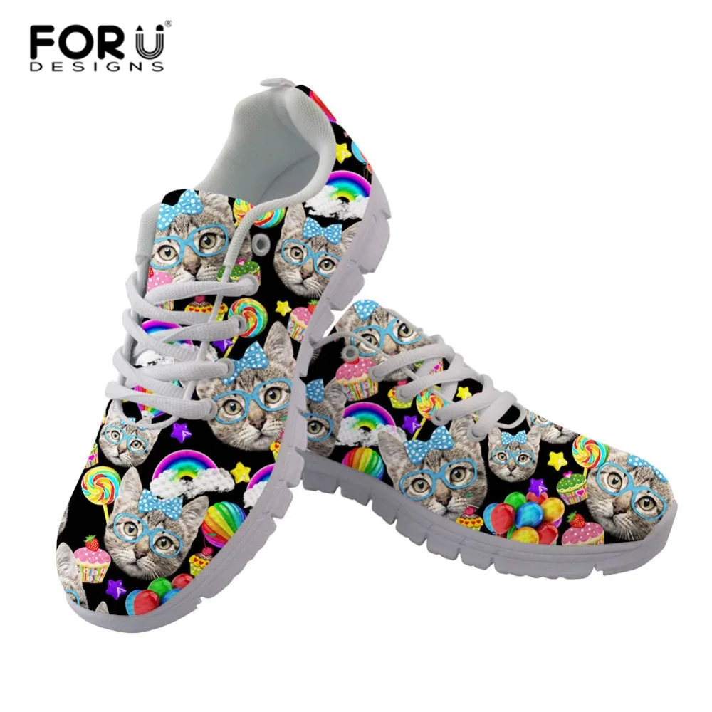 Женские кроссовки без шнуровки FORUDESIGNS с изображением кошки дышащие