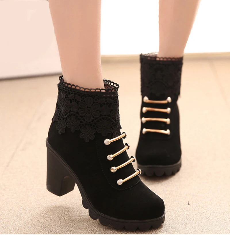 Brown Women Boots Ankle High Heels Thick Bottom Shoes New British Style Lace Rhinestone PU Woman | Обувь