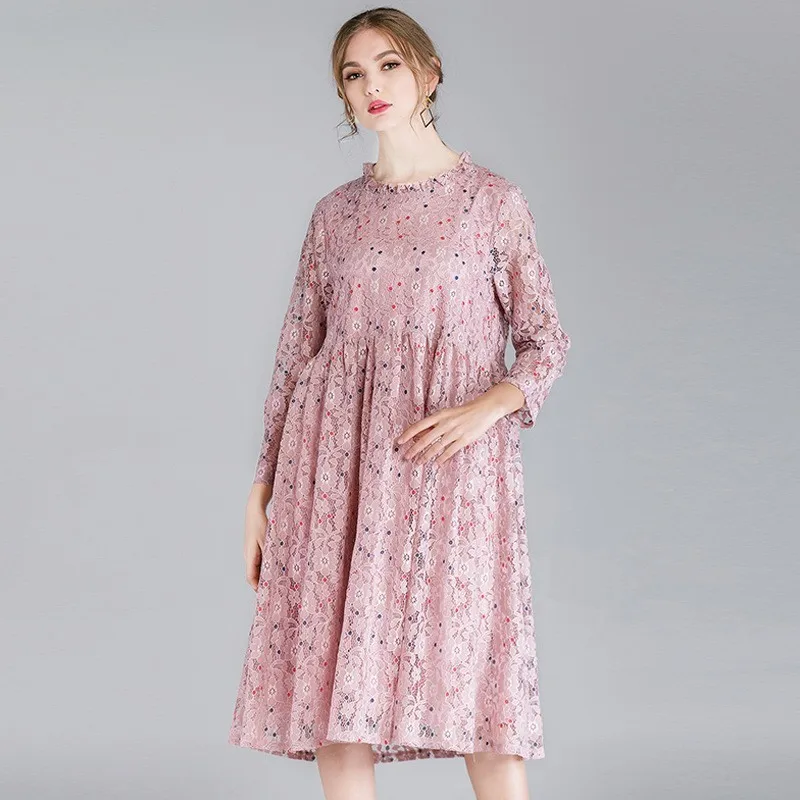XL, XXL, XXXL, 4XL размера плюс, кружевное платье, женское, на шнуровке, с длинным рукавом, свободное, ТРАПЕЦИЕВИДНОЕ ПЛАТЬЕ, элегантное, в горошек, с принтом, вечерние, миди, розовое, зеленое - Цвет: Розовый
