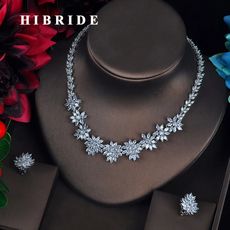 

HIBRIDE Luxury Clear Marquise Cut CZ Stone Pendientes Wedding Jewelry Sets Flower Shape Earring Necklace Brincos Bijoux N-632