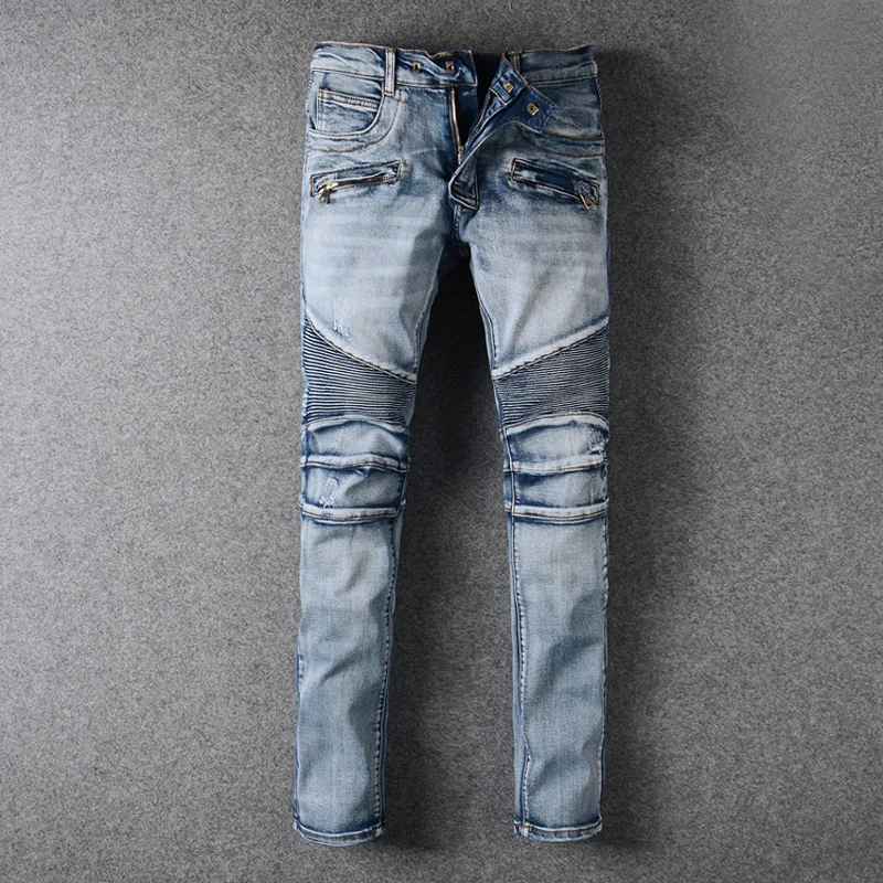 

Fashion Streetwear Men Jeans Blue Color White Washed Spliced Designer Biker Jeans Men Big Size 28-42 Multi Pockets Cargo Pants
