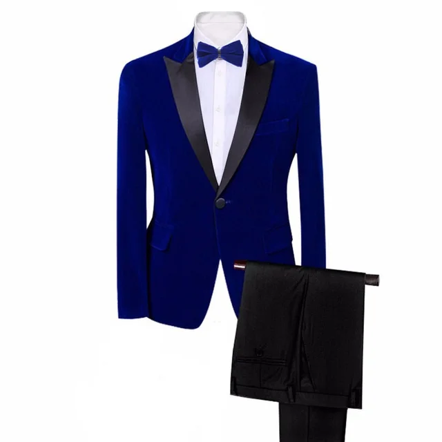 Burgundy Royal Blue Black Velvet Stylish Mens Suit Slim Fit 2 Pieces Set Wedding Groom Suit Stage Show Jacket Pants Ternos