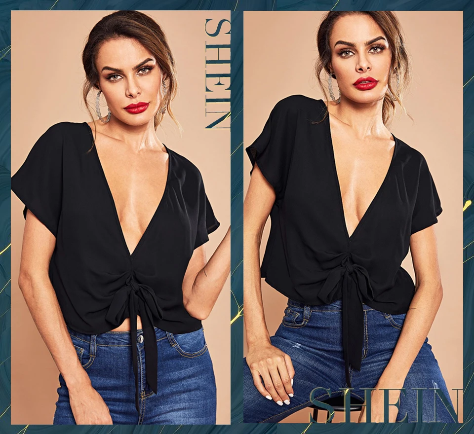 SHEIN Стильная Блузка С Глубоким Вырезом И Короткими Рукавами, Модный Топ В Стиле Кэжуал