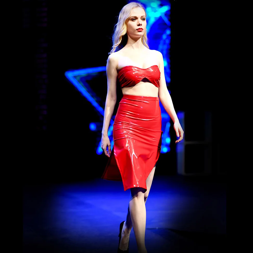 Блестящая юбка карандаш из ПВХ и кожи размера плюс блестящая миди с высокой