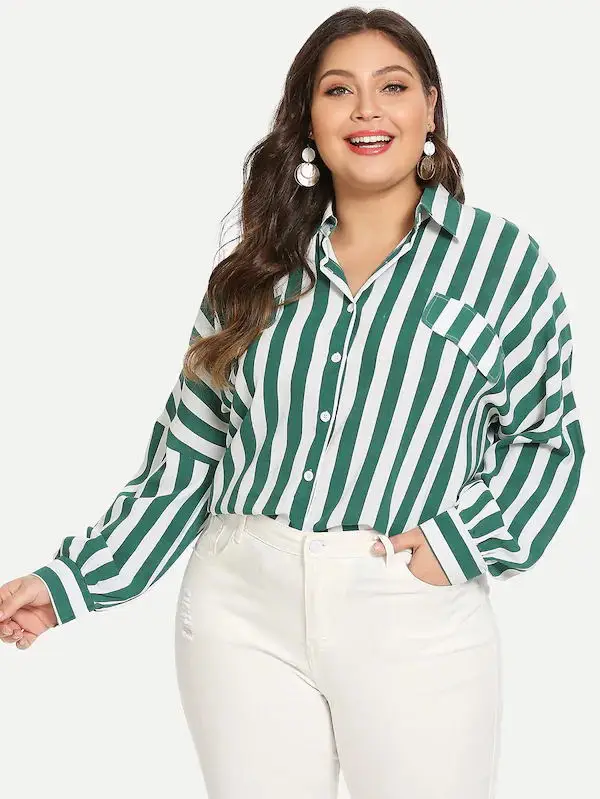 Офисная Повседневная стильная Свободная рубашка 2019 в крупную зеленую полоску
