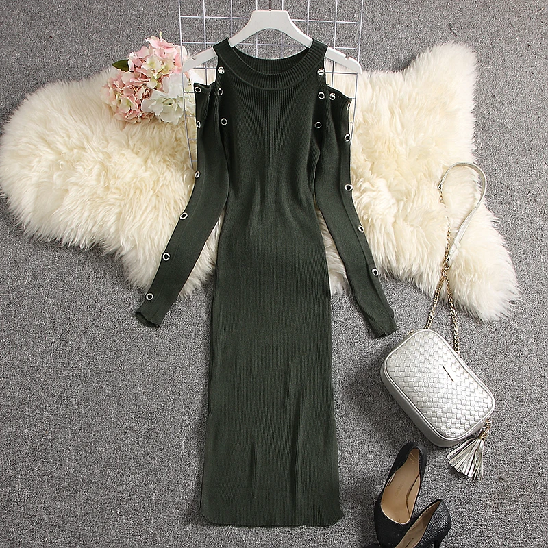 Женское вязаное платье ALPHALMODA с открытыми плечами и металлическими отверстиями