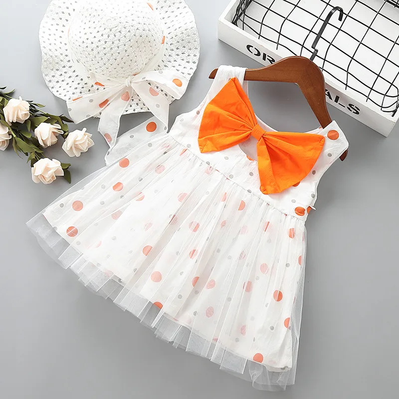 0-5 years High quality girl dress 2021 new summer fashion bow Dot kid children baby clothing party princess with hat | Детская одежда и
