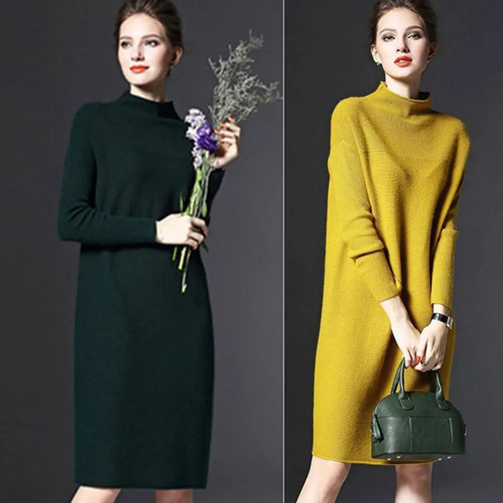 Весна сплошной цвет трикотажные платья для женщин с длинным рукавом Зимний