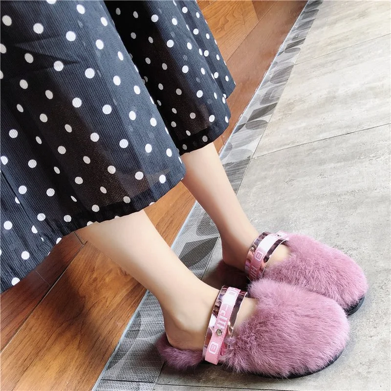2018 Winter Home Slippers Women Mules Real Fur Flip Flops Slides Hourse Indoor Flat Shoes | Обувь