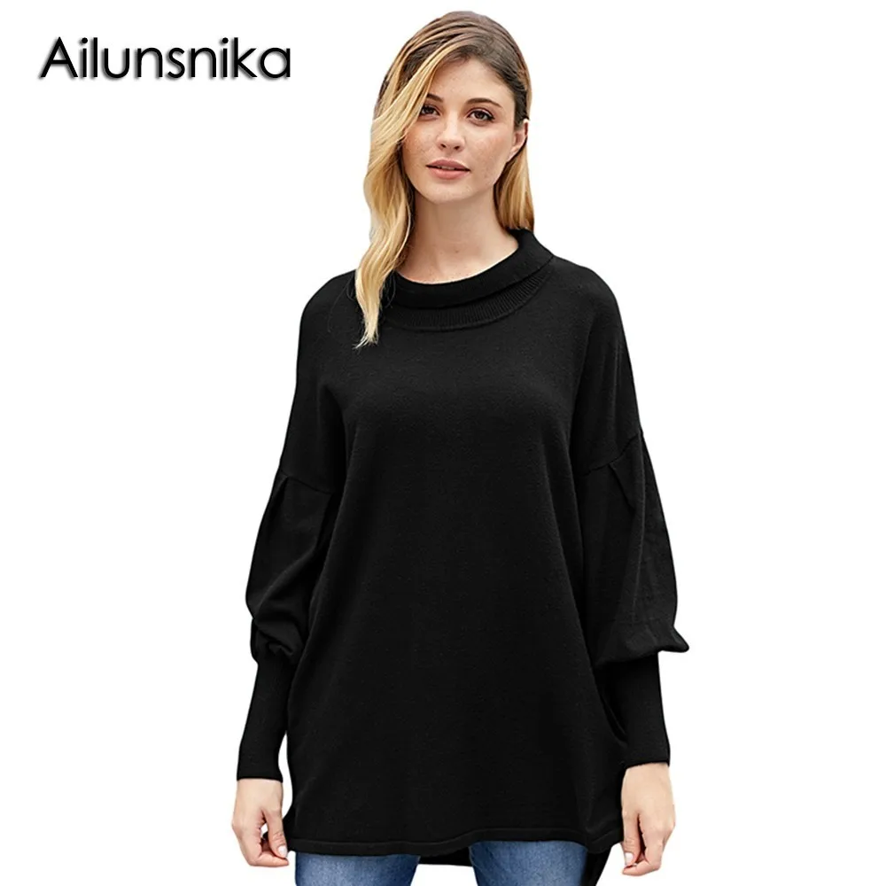 Ailunsnika Women Long Sleeve Loose Pockets Tunic Sweaters Fashion Knitting Solid Simple Autumn Casual Pullover Blouses DL27857 | Женская