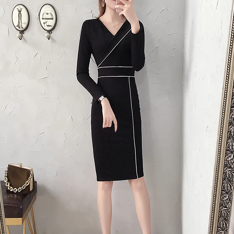 Корейские модные женские платья с v-образным вырезом длинным рукавом средней