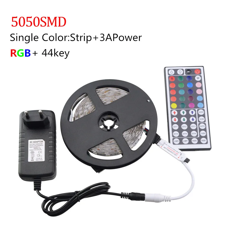Светодиодная лента RGB IP20 5050 SMD гибкая + пульт на 44 кнопки вилка