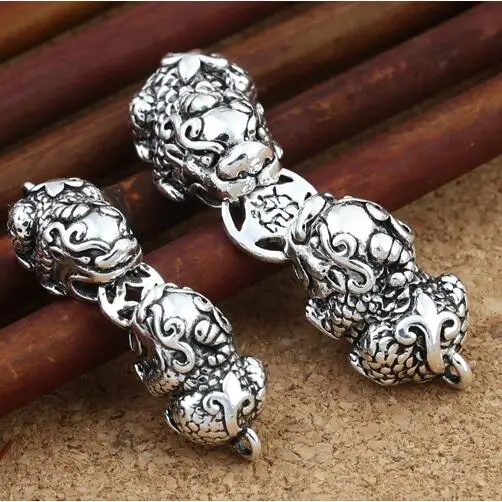 

100% 925 Silver Double Pixiu Beads Real 925 Sterling Silver Lucky Fengshui Pixiu Beads Wealth Piyao Beads DIY Good Luck Bracelet