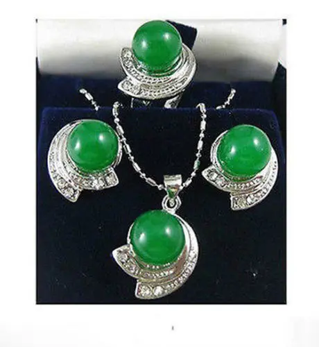 

10mm Green Jades Earrings Pendants Necklace Pendant Set AAA