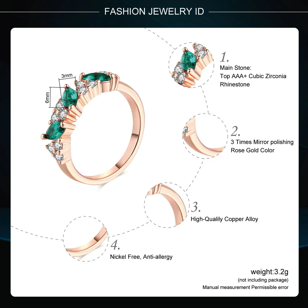 Высокое качество кольцо с зелеными каплевидными кристаллами розовое золото