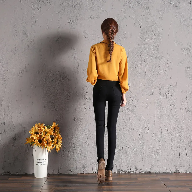 Эластичные Высокая талия женские черные леггинсы узкие джинсы брюки джинсовые