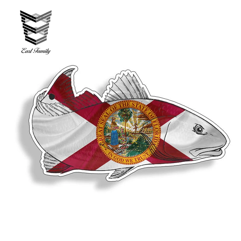 EARLFAMILY Florida FL Redfish Red Fish Stickers Printed Digital Vinyl Decal Fishing Drum Car Truck Boat Reel Decals Sticky
