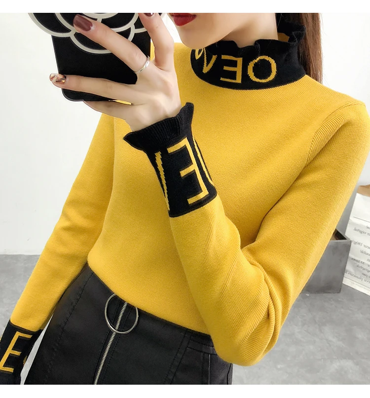 

Knitted Winter Casual Sweater Fashion 2018 Women Slim Turtleneck Long Sleeve Tops Knitting Pullovers Letter Love Female Sweaters