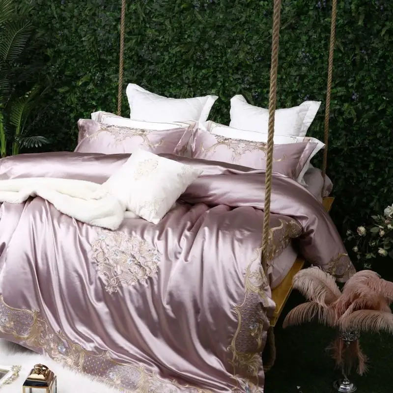 Фиолетовый Белый Вышивка Duvet Стёганое одеяло роскошные постельные принадлежности мягкие постельное бельё из египетского хлопка листов простыня набор King queen размер 4/7 шт