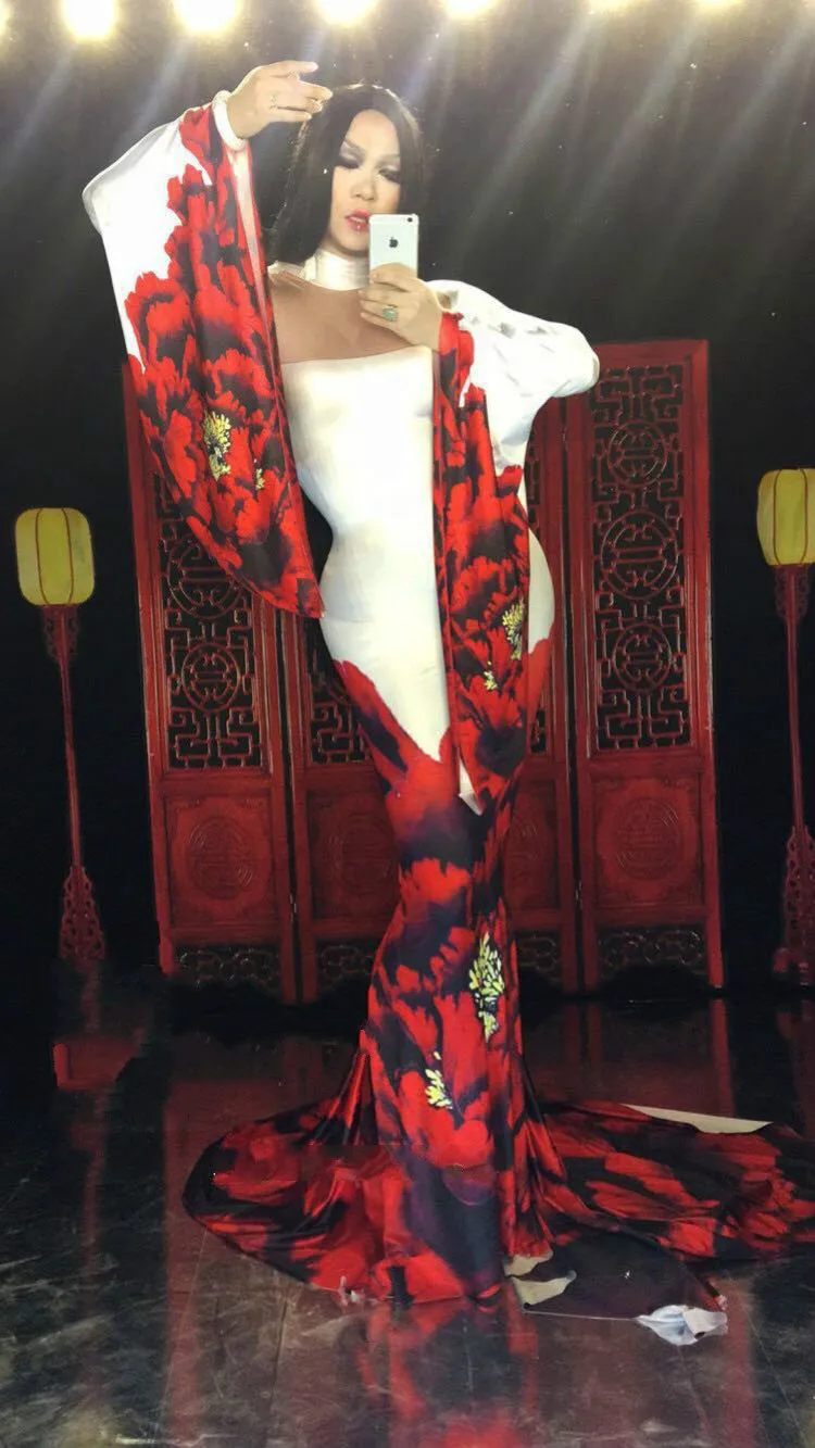 Женское длинное платье с принтом пиона красное вечернее праздничное Ципао на