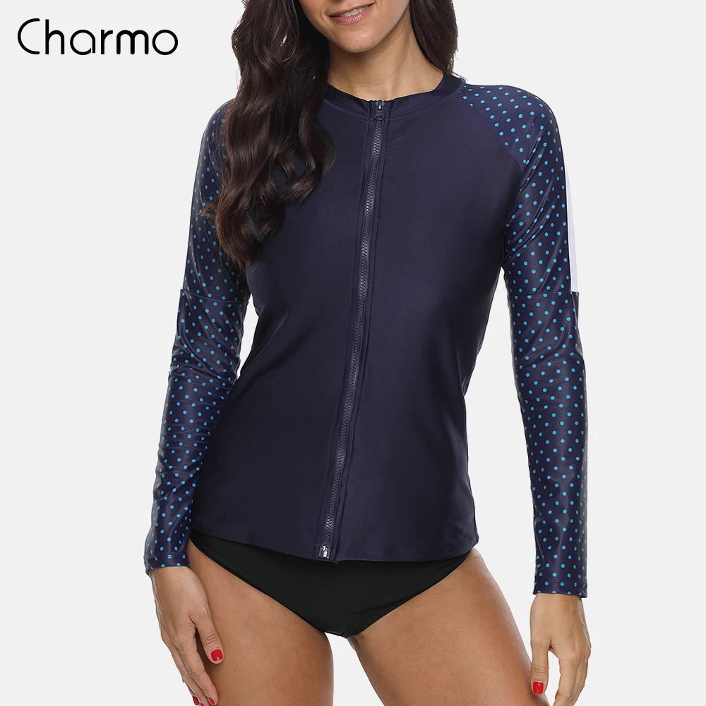 

Charmo Women Long Sleeve Zipper Rashguard Shirt Swimsuit Polka Dot Swimwear Surfing Top Bike Biking Shirt Rash Guard UPF50+