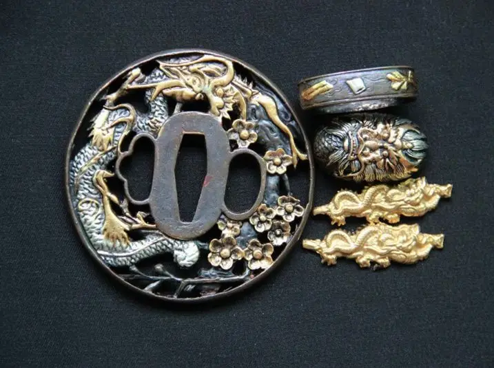 A Set tsuba Набор Медь меч DIY фитинги для японский меч самурая Катана хороший Изделия из металла Tsuba Menuki Fuchi Кашира - Цвет: A Set tsuba