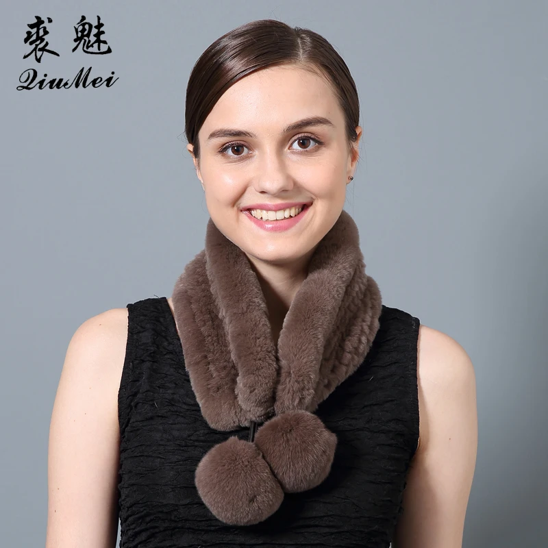 

Newest 2018 Fur Scarf Women Real Rex Rabbit Elegant Scarves With Cute Balls Soft Genuine Rabbit Fur Pompoms Female Scarf