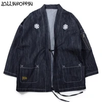 japan style sakura embroidery men kimono jacket streetwear sleeve zipper pocket mens vintage kimono jacket high street