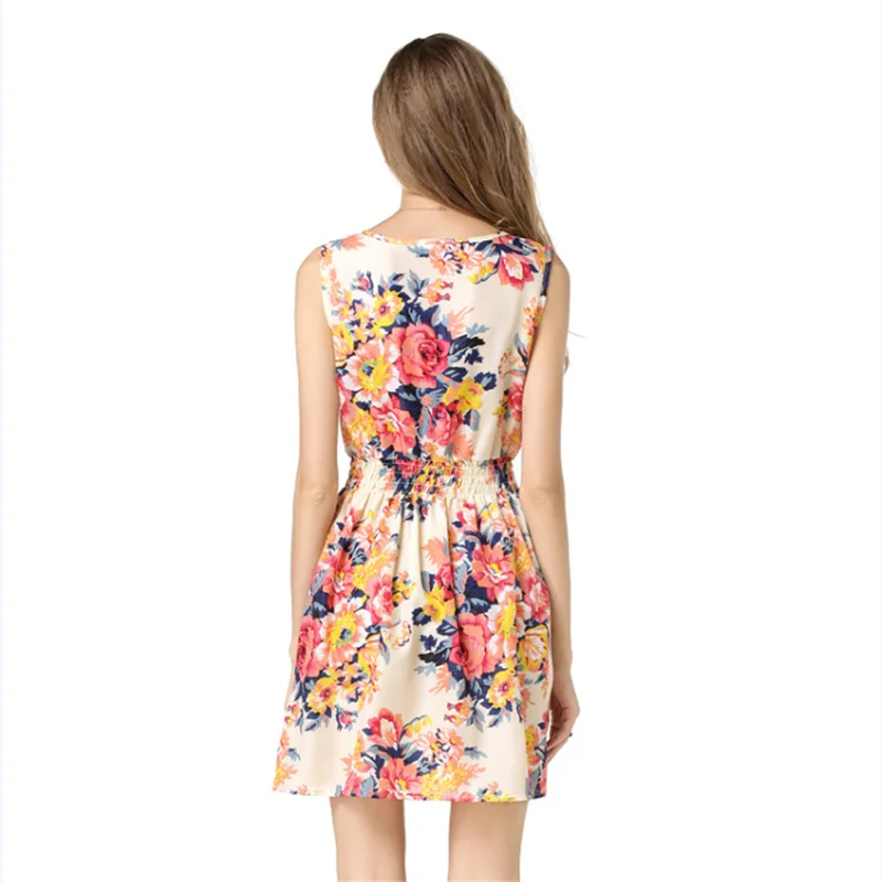 Женское мини платье с круглым вырезом короткое ТРАПЕЦИЕВИДНОЕ без рукавов