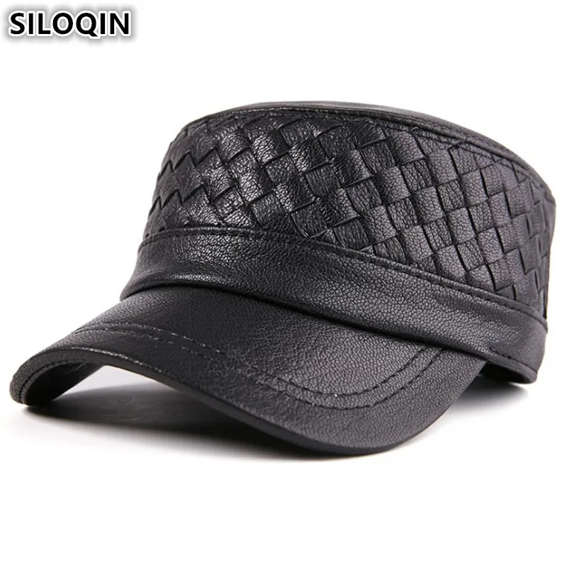 

SILOQIN Genuine Leather Hat Adjustable Size Men's Flat Cap Sheepskin Leather Army Military Hats For Men Dad Winter Brands Caps