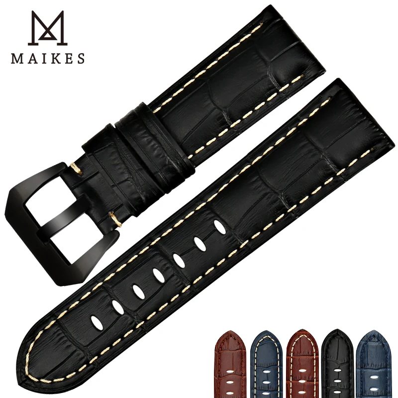 

MAIKES Handmad Watch Accessories Blue Genuine Leather Black Steel Buckle 22mm 24mm 26mm Watchband Watch Strap & Watch Band