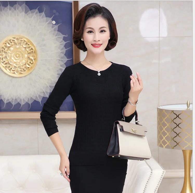 2018 Autumn New Middle-Aged Women Solid Color Pullover Sweater O- Neck Long Sleeve Slim Elasticity Mother Kniting Top T241 | Женская