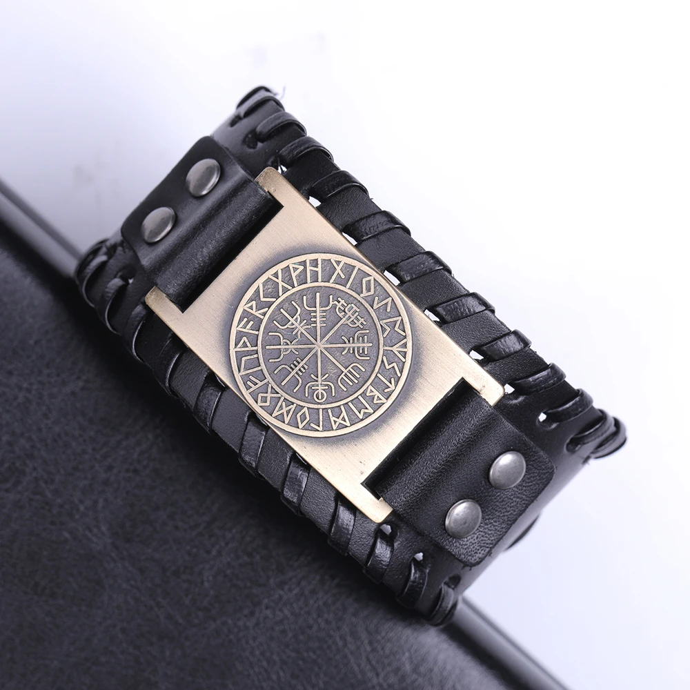 Teamer Wide Leather Bracelets Vintage Nordic Viking Rune Vegvisir Compass Charm Cuff Bracelet Men Women Gift Fashion Jewelry|Браслеты с