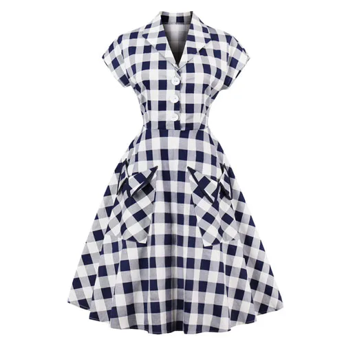 WhiteBlue OTEN белая и синяя клетчатая одежда в винтажном стиле 50s 60s Pin up V образным вырезом передний карман клетчатый принт рокабилли Туника повседневные миди платья - Цвет: WhiteBlue