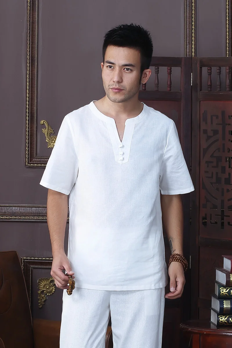 Летняя новая модная белая китайская мужская хлопковая льняная рубашка Кунг фу с