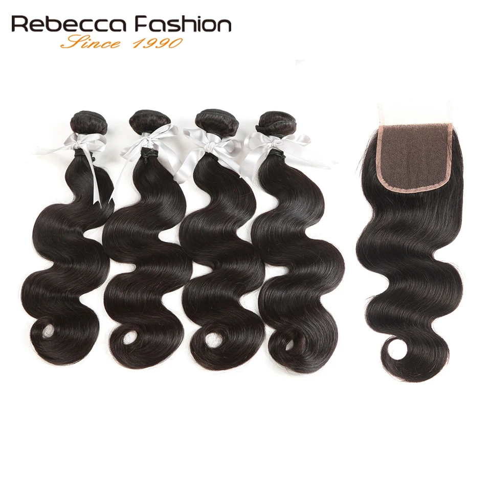 

Rebecca Non Remy Peruvian Body Wave With Closure Human Hair Weave 4 Bundles With 4X4 Lace Closure Hair Extensions Free Shipping
