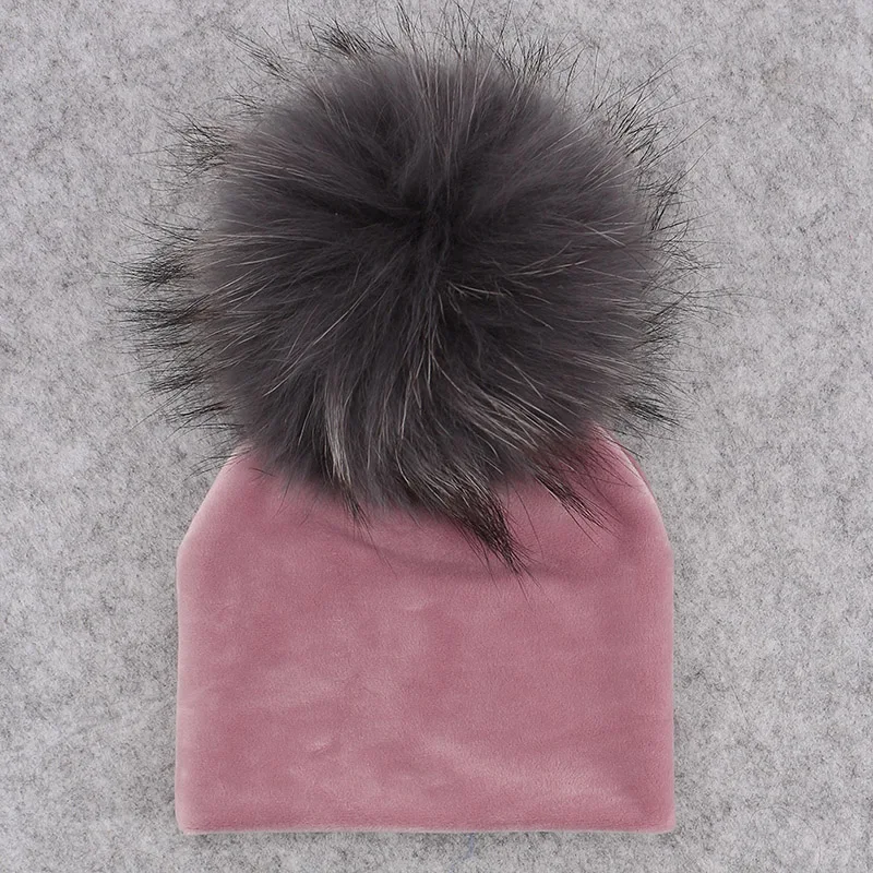 GZHILOVINGL Real Fur Pom Pom Baby Girls Boys Hat Warm Winter Knitted Velvet Hat Toddler Kids Soft Thick Flannel Beanies Pompoms