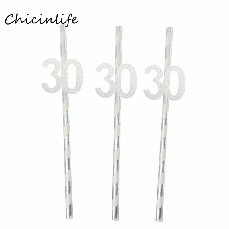 Silver 30 Chicinlife 10 шт. бумажные соломы с номером 30 40 50 60 юбилейные соломинки для напитков 30th 40th 50th 60th День рождения украшения - Цвет: Silver 30